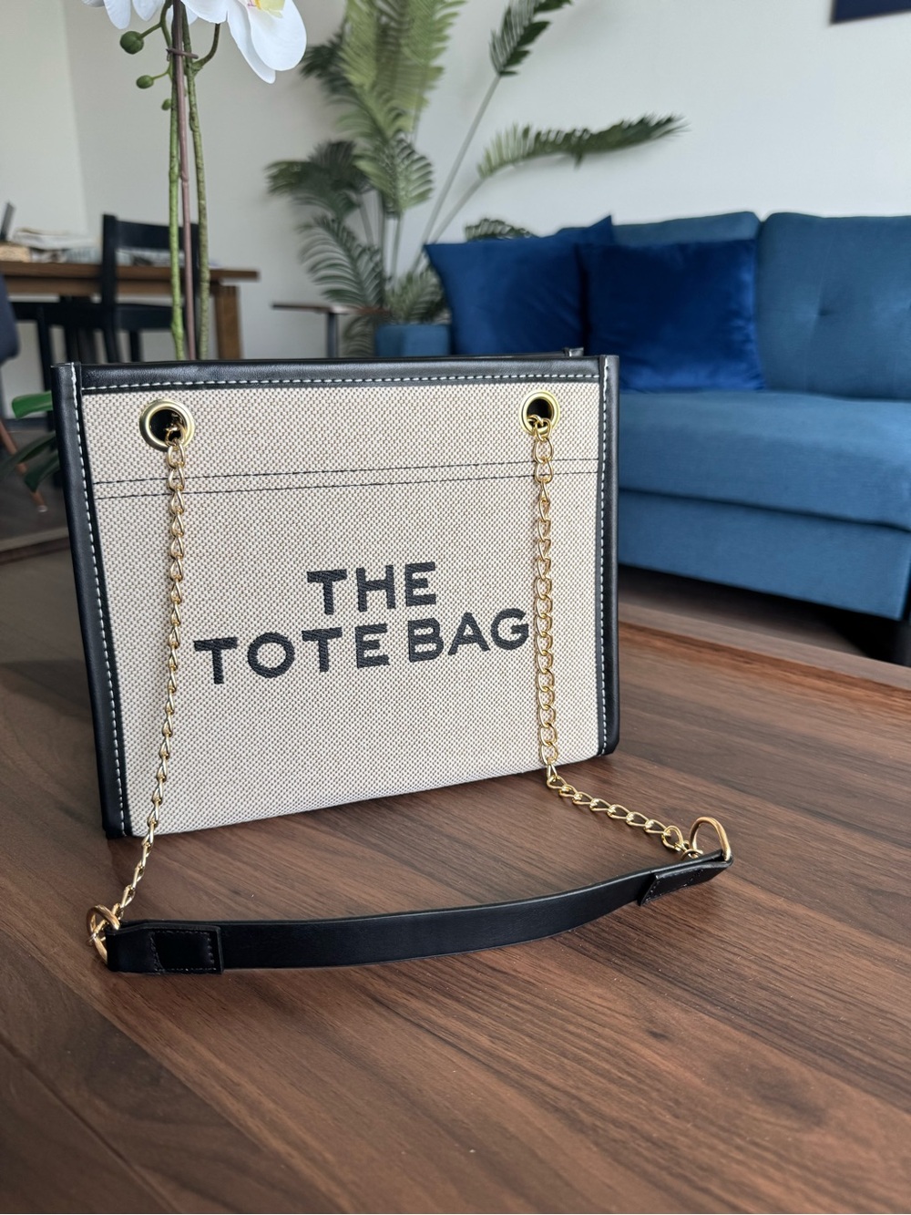 The ToteBag Canvas Tote in Cream and Black with Gold Chain